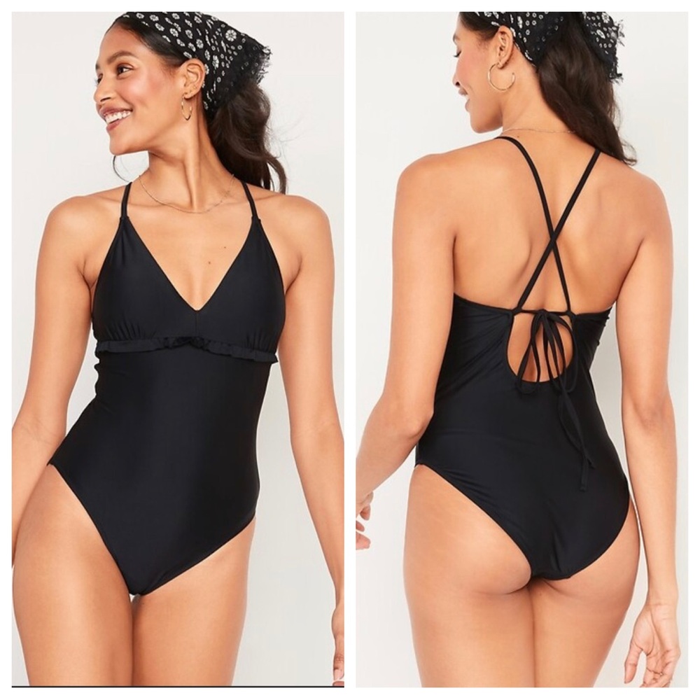 NWT Old Navy Women’s L Black One Piece Ruffle Trim Cut Out Swim Suit V-neck NEW